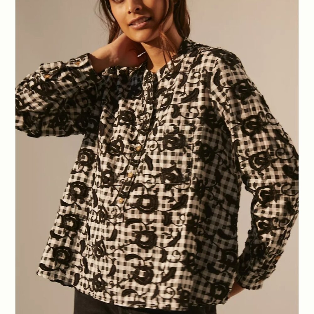 ANTHRO | Pilcro black gingham plaid blouse rosette embroidery long sleeve